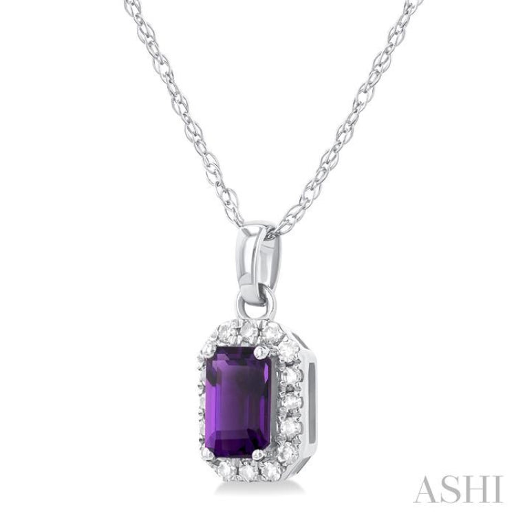 5x3 MM Octagonal Shape Amethyst and 1/20 Ctw Single Cut Diamond Halo Semi-Precious Pendant with Chain in 14K White Gold 5x3 MM Octagonal Shape Amethyst and 1/20 Ctw Single Cut Diamond Halo Semi-Precious Pendant with Chain in 14K White Gold