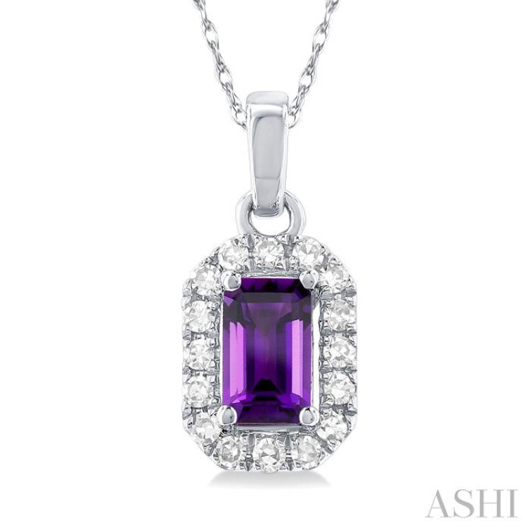 5x3 MM Octagonal Shape Amethyst and 1/20 Ctw Single Cut Diamond Halo Semi-Precious Pendant with Chain in 14K White Gold 5x3 MM Octagonal Shape Amethyst and 1/20 Ctw Single Cut Diamond Halo Semi-Precious Pendant with Chain in 14K White Gold