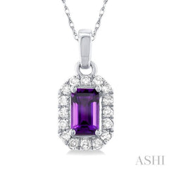 5x3 MM Octagonal Shape Amethyst and 1/20 Ctw Single Cut Diamond Halo Semi-Precious Pendant with Chain in 14K White Gold 5x3 MM Octagonal Shape Amethyst and 1/20 Ctw Single Cut Diamond Halo Semi-Precious Pendant with Chain in 14K White Gold