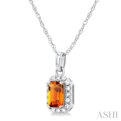 5x3 MM Octagonal Shape Citrine and 1/20 Ctw Single Cut Diamond Halo Semi-Precious Pendant with Chain in 14K White Gold 5x3 MM Octagonal Shape Citrine and 1/20 Ctw Single Cut Diamond Halo Semi-Precious Pendant with Chain in 14K White Gold
