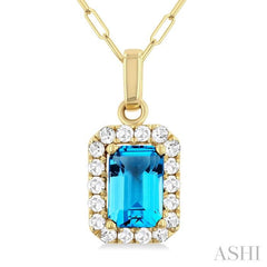 6x4 MM Octagonal Shape Blue Topaz and 1/6 Ctw Round Cut Diamond Halo Semi-Precious Pendant with Chain in 10K Yellow Gold 6x4 MM Octagonal Shape Blue Topaz and 1/6 Ctw Round Cut Diamond Halo Semi-Precious Pendant with Chain in 10K Yellow Gold