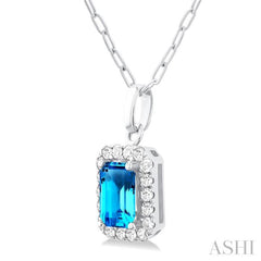6x4 MM Octagonal Shape Blue Topaz and 1/6 Ctw Round Cut Diamond Halo Semi-Precious Pendant with Chain in 14K White Gold 6x4 MM Octagonal Shape Blue Topaz and 1/6 Ctw Round Cut Diamond Halo Semi-Precious Pendant with Chain in 14K White Gold