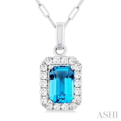 6x4 MM Octagonal Shape Blue Topaz and 1/6 Ctw Round Cut Diamond Halo Semi-Precious Pendant with Chain in 14K White Gold 6x4 MM Octagonal Shape Blue Topaz and 1/6 Ctw Round Cut Diamond Halo Semi-Precious Pendant with Chain in 14K White Gold