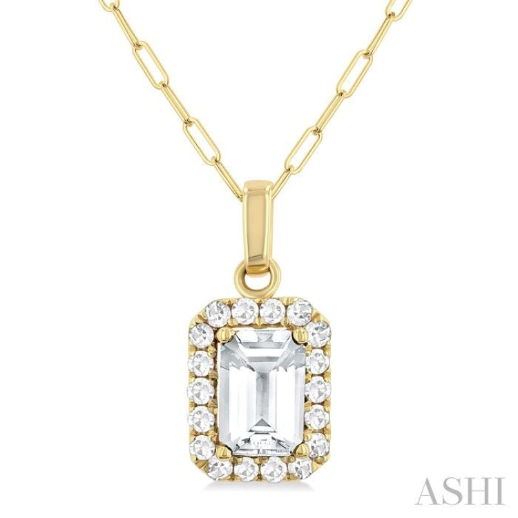6x4 MM Octagonal Shape White Topaz and 1/6 Ctw Round Cut Diamond Halo Semi-Precious Pendant with Chain in 10K Yellow Gold 6x4 MM Octagonal Shape White Topaz and 1/6 Ctw Round Cut Diamond Halo Semi-Precious Pendant with Chain in 10K Yellow Gold