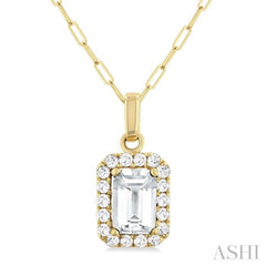 6x4 MM Octagonal Shape White Topaz and 1/6 Ctw Round Cut Diamond Halo Semi-Precious Pendant with Chain in 10K Yellow Gold 6x4 MM Octagonal Shape White Topaz and 1/6 Ctw Round Cut Diamond Halo Semi-Precious Pendant with Chain in 10K Yellow Gold