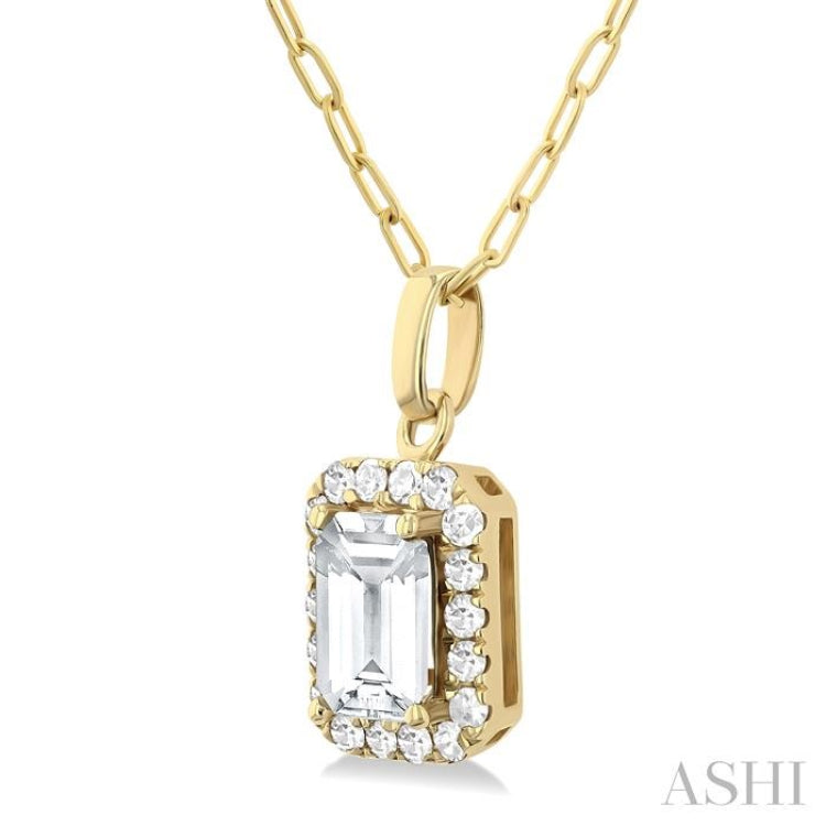 6x4 MM Octagonal Shape White Topaz and 1/6 Ctw Round Cut Diamond Halo Semi-Precious Pendant with Chain in 10K Yellow Gold 6x4 MM Octagonal Shape White Topaz and 1/6 Ctw Round Cut Diamond Halo Semi-Precious Pendant with Chain in 10K Yellow Gold