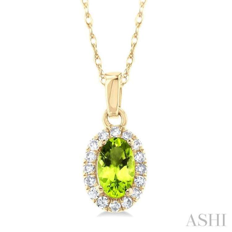 5x3 MM Oval Shape Peridot and 1/20 Ctw Single Cut Diamond Halo Semi-Precious Pendant with Chain in 14K Yellow Gold 5x3 MM Oval Shape Peridot and 1/20 Ctw Single Cut Diamond Halo Semi-Precious Pendant with Chain in 14K Yellow Gold