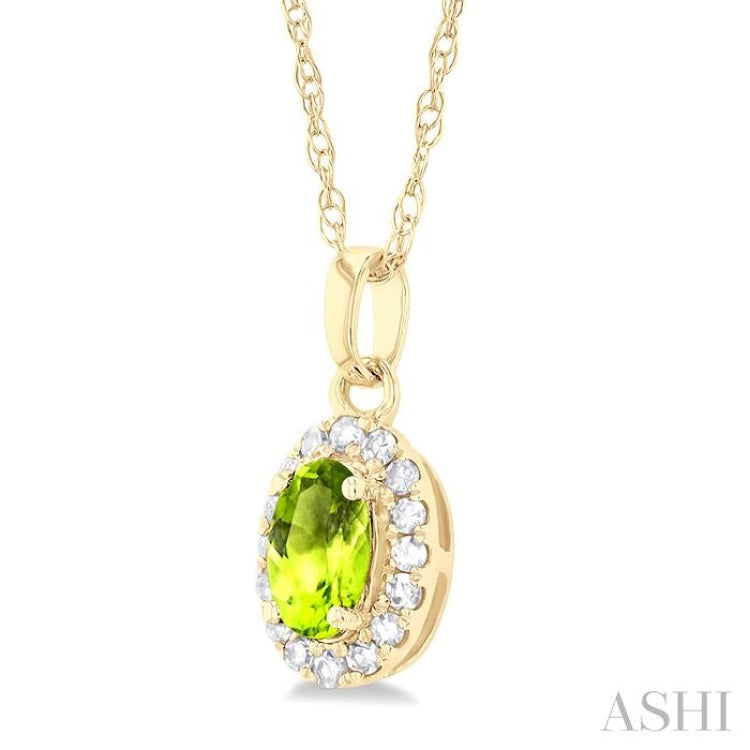 5x3 MM Oval Shape Peridot and 1/20 Ctw Single Cut Diamond Halo Semi-Precious Pendant with Chain in 14K Yellow Gold 5x3 MM Oval Shape Peridot and 1/20 Ctw Single Cut Diamond Halo Semi-Precious Pendant with Chain in 14K Yellow Gold