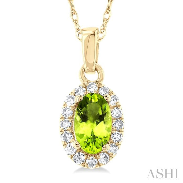 5x3 MM Oval Shape Peridot and 1/20 Ctw Single Cut Diamond Halo Semi-Precious Pendant with Chain in 14K Yellow Gold 5x3 MM Oval Shape Peridot and 1/20 Ctw Single Cut Diamond Halo Semi-Precious Pendant with Chain in 14K Yellow Gold