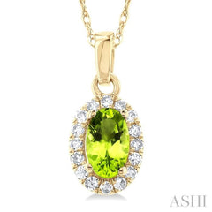 5x3 MM Oval Shape Peridot and 1/20 Ctw Single Cut Diamond Halo Semi-Precious Pendant with Chain in 14K Yellow Gold 5x3 MM Oval Shape Peridot and 1/20 Ctw Single Cut Diamond Halo Semi-Precious Pendant with Chain in 14K Yellow Gold