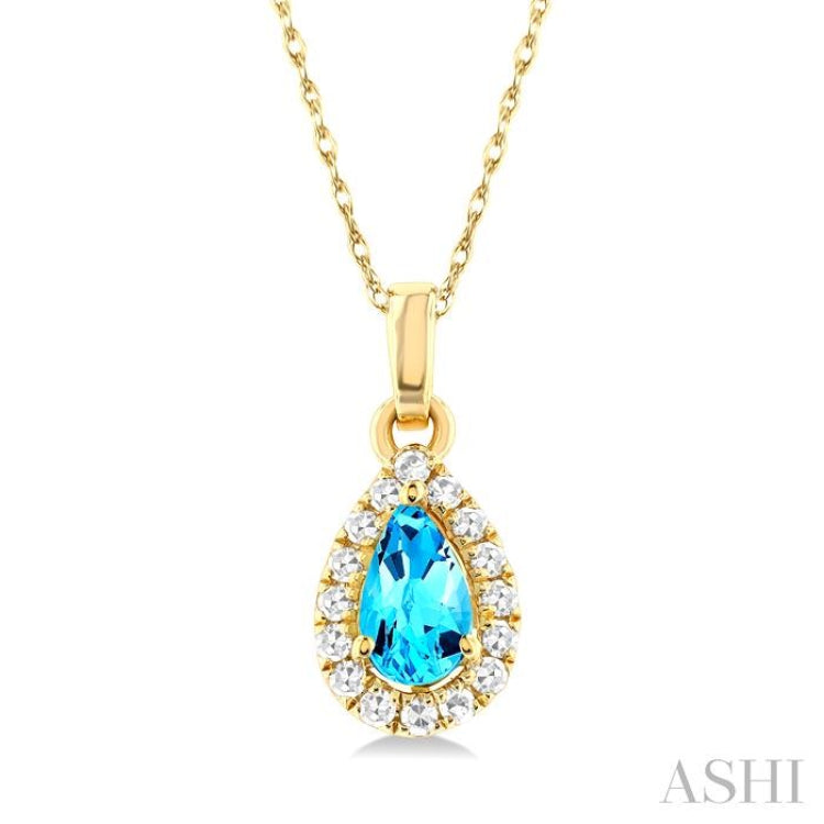 5x3 MM Pear Shape Blue Topaz and 1/20 Ctw Single Cut Diamond Halo Semi-Precious Pendant with Chain in 10K Yellow Gold 5x3 MM Pear Shape Blue Topaz and 1/20 Ctw Single Cut Diamond Halo Semi-Precious Pendant with Chain in 10K Yellow Gold