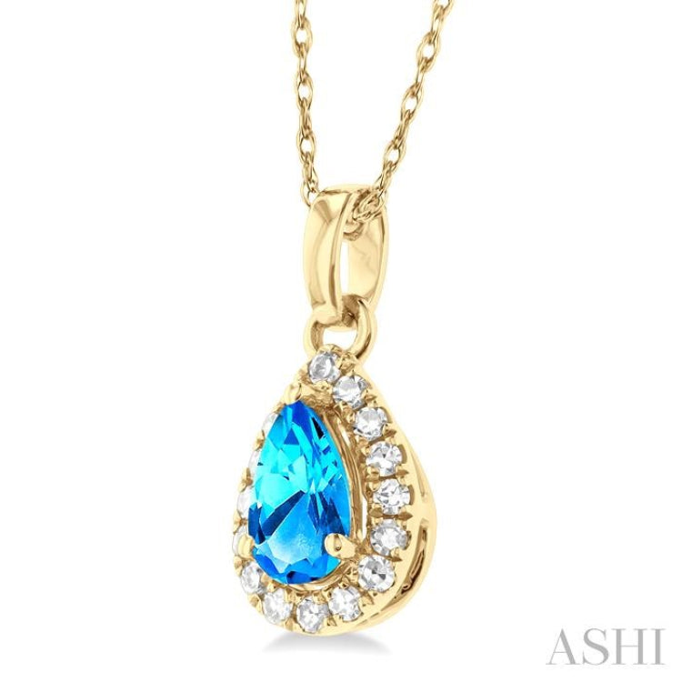5x3 MM Pear Shape Blue Topaz and 1/20 Ctw Single Cut Diamond Halo Semi-Precious Pendant with Chain in 10K Yellow Gold 5x3 MM Pear Shape Blue Topaz and 1/20 Ctw Single Cut Diamond Halo Semi-Precious Pendant with Chain in 10K Yellow Gold