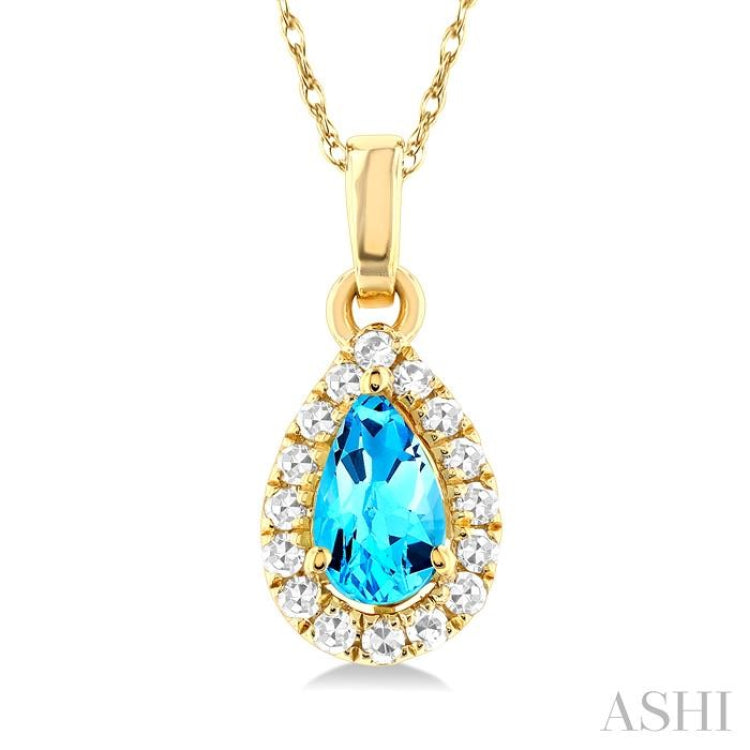 5x3 MM Pear Shape Blue Topaz and 1/20 Ctw Single Cut Diamond Halo Semi-Precious Pendant with Chain in 10K Yellow Gold 5x3 MM Pear Shape Blue Topaz and 1/20 Ctw Single Cut Diamond Halo Semi-Precious Pendant with Chain in 10K Yellow Gold
