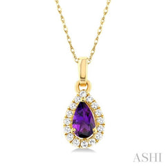 5x3 MM Pear Shape Amethyst and 1/20 Ctw Single Cut Diamond Halo Semi-Precious Pendant with Chain in 10K Yellow Gold 5x3 MM Pear Shape Amethyst and 1/20 Ctw Single Cut Diamond Halo Semi-Precious Pendant with Chain in 10K Yellow Gold