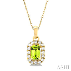 5x3 MM Octagonal Shape Peridot and 1/20 Ctw Single Cut Diamond Halo Semi-Precious Pendant with Chain in 10K Yellow Gold 5x3 MM Octagonal Shape Peridot and 1/20 Ctw Single Cut Diamond Halo Semi-Precious Pendant with Chain in 10K Yellow Gold