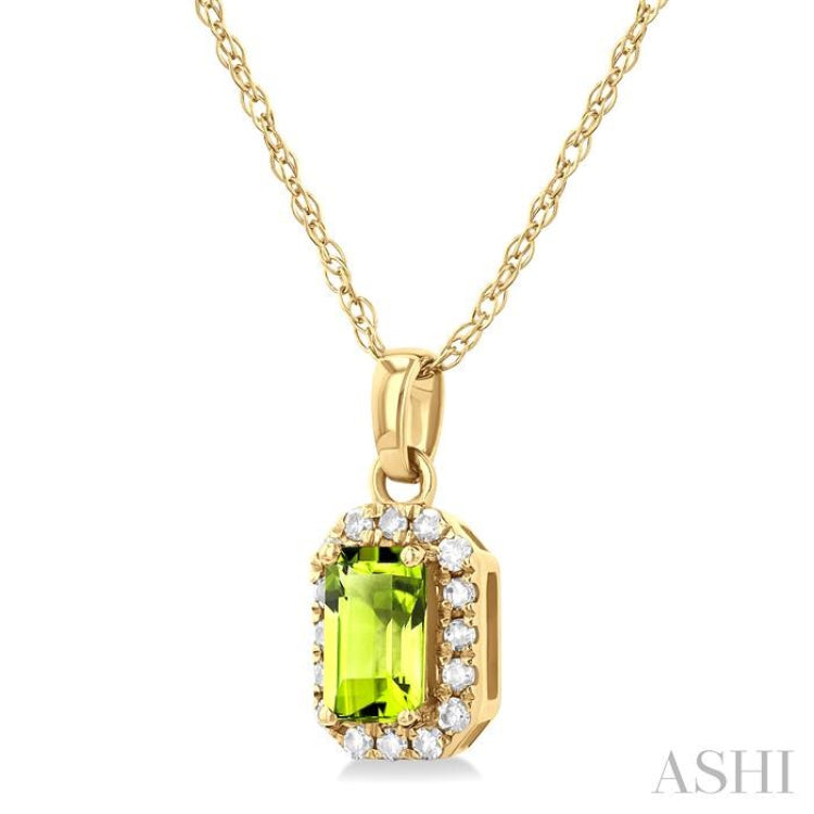 5x3 MM Octagonal Shape Peridot and 1/20 Ctw Single Cut Diamond Halo Semi-Precious Pendant with Chain in 10K Yellow Gold 5x3 MM Octagonal Shape Peridot and 1/20 Ctw Single Cut Diamond Halo Semi-Precious Pendant with Chain in 10K Yellow Gold