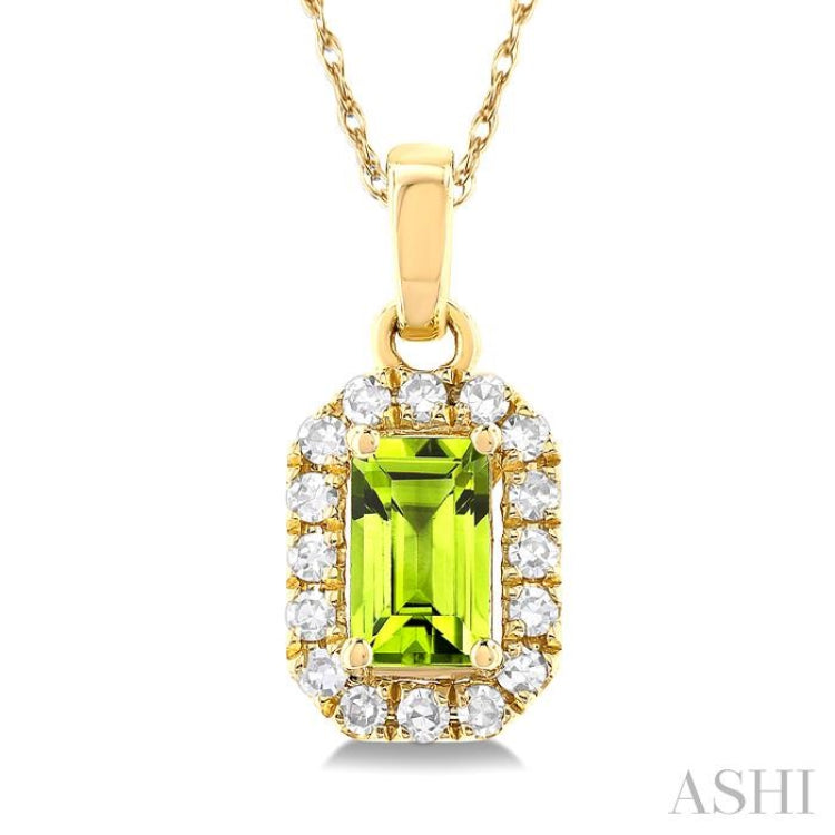5x3 MM Octagonal Shape Peridot and 1/20 Ctw Single Cut Diamond Halo Semi-Precious Pendant with Chain in 10K Yellow Gold 5x3 MM Octagonal Shape Peridot and 1/20 Ctw Single Cut Diamond Halo Semi-Precious Pendant with Chain in 10K Yellow Gold