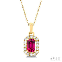5x3 MM Octagonal Shape Pink Tourmaline and 1/20 Ctw Single Cut Diamond Halo Semi-Precious Pendant with Chain in 10K Yellow Gold 5x3 MM Octagonal Shape Pink Tourmaline and 1/20 Ctw Single Cut Diamond Halo Semi-Precious Pendant with Chain in 10K Yellow Gold