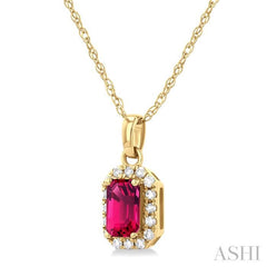 5x3 MM Octagonal Shape Pink Tourmaline and 1/20 Ctw Single Cut Diamond Halo Semi-Precious Pendant with Chain in 10K Yellow Gold 5x3 MM Octagonal Shape Pink Tourmaline and 1/20 Ctw Single Cut Diamond Halo Semi-Precious Pendant with Chain in 10K Yellow Gold