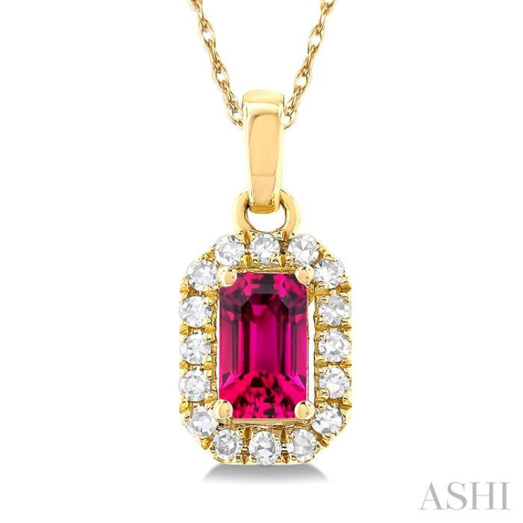 5x3 MM Octagonal Shape Pink Tourmaline and 1/20 Ctw Single Cut Diamond Halo Semi-Precious Pendant with Chain in 10K Yellow Gold 5x3 MM Octagonal Shape Pink Tourmaline and 1/20 Ctw Single Cut Diamond Halo Semi-Precious Pendant with Chain in 10K Yellow Gold