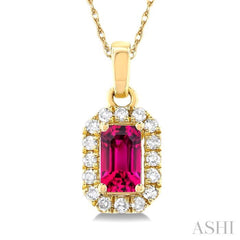 5x3 MM Octagonal Shape Pink Tourmaline and 1/20 Ctw Single Cut Diamond Halo Semi-Precious Pendant with Chain in 10K Yellow Gold 5x3 MM Octagonal Shape Pink Tourmaline and 1/20 Ctw Single Cut Diamond Halo Semi-Precious Pendant with Chain in 10K Yellow Gold