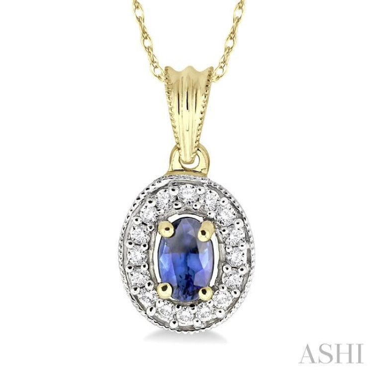 6x4 MM Oval Cut Sapphire and 1/5 Ctw Round Cut Diamond Pendant in 14K Yellow Gold with Chain 6x4 MM Oval Cut Sapphire and 1/5 Ctw Round Cut Diamond Pendant in 14K Yellow Gold with Chain