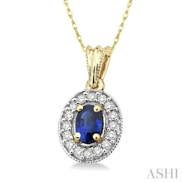 6x4 MM Oval Cut Sapphire and 1/5 Ctw Round Cut Diamond Pendant in 14K Yellow Gold with Chain 6x4 MM Oval Cut Sapphire and 1/5 Ctw Round Cut Diamond Pendant in 14K Yellow Gold with Chain