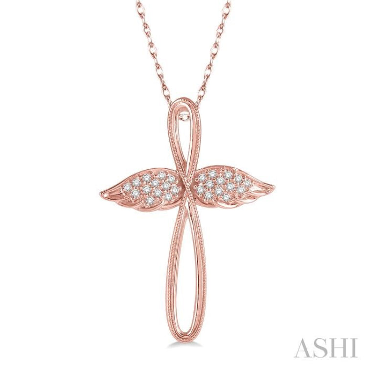 1/10 Ctw Twisted Cross Angel Wings Round Cut Diamond Pendant With Chain in 10K Rose Gold 1/10 Ctw Twisted Cross Angel Wings Round Cut Diamond Pendant With Chain in 10K Rose Gold