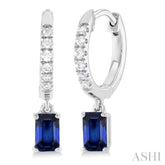 5x3 MM Emerald Cut Drop Sapphire and 1/8 Ctw Petite Round Cut Diamond Precious Fashion Huggies in 10K White Gold