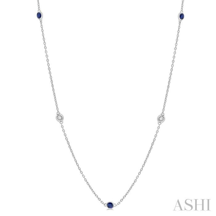 2.25 MM Sapphire and 1/4 Ctw Round Cut Diamond Precious Station Necklace in 14K White Gold 2.25 MM Sapphire and 1/4 Ctw Round Cut Diamond Precious Station Necklace in 14K White Gold