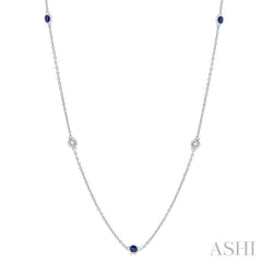 2.25 MM Sapphire and 1/4 Ctw Round Cut Diamond Precious Station Necklace in 14K White Gold 2.25 MM Sapphire and 1/4 Ctw Round Cut Diamond Precious Station Necklace in 14K White Gold