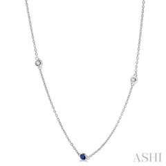 2.25 MM Sapphire and 1/4 Ctw Round Cut Diamond Precious Station Necklace in 14K White Gold 2.25 MM Sapphire and 1/4 Ctw Round Cut Diamond Precious Station Necklace in 14K White Gold