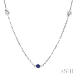 2.25 MM Sapphire and 1/4 Ctw Round Cut Diamond Precious Station Necklace in 14K White Gold 2.25 MM Sapphire and 1/4 Ctw Round Cut Diamond Precious Station Necklace in 14K White Gold