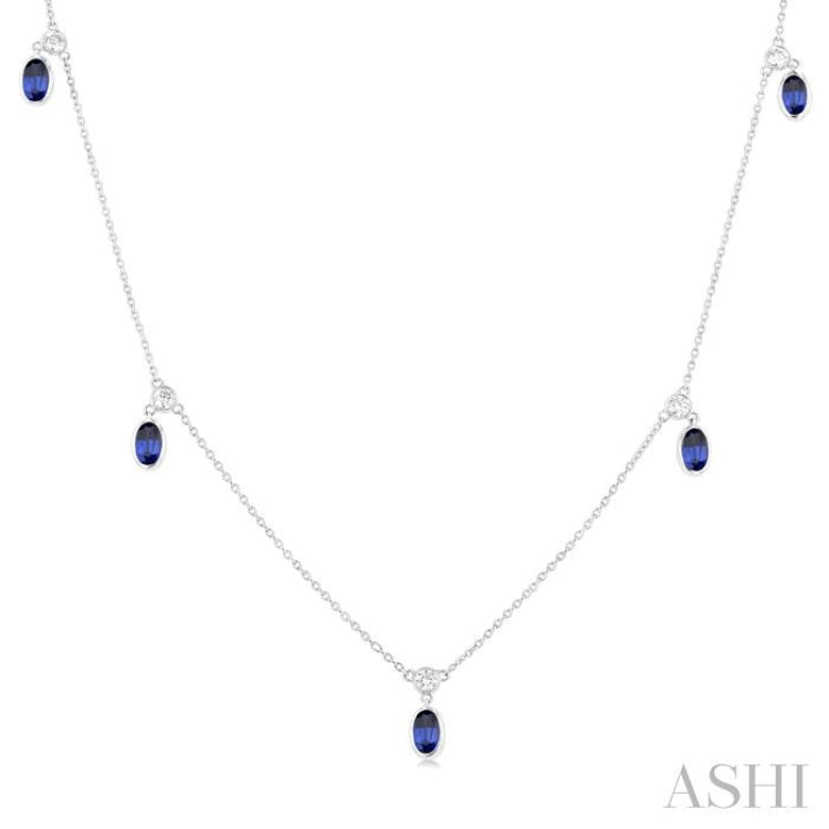 5x3 MM Oval Shape Sapphire and 1/4 Ctw Round Cut Diamonds Precious Station Necklace in 14K White Gold 5x3 MM Oval Shape Sapphire and 1/4 Ctw Round Cut Diamonds Precious Station Necklace in 14K White Gold