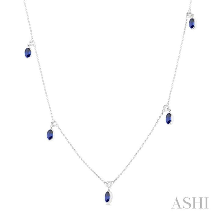 5x3 MM Oval Shape Sapphire and 1/4 Ctw Round Cut Diamonds Precious Station Necklace in 14K White Gold 5x3 MM Oval Shape Sapphire and 1/4 Ctw Round Cut Diamonds Precious Station Necklace in 14K White Gold