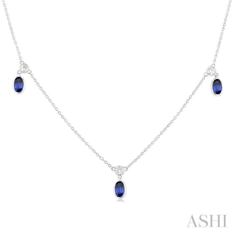 5x3 MM Oval Shape Sapphire and 1/4 Ctw Round Cut Diamonds Precious Station Necklace in 14K White Gold 5x3 MM Oval Shape Sapphire and 1/4 Ctw Round Cut Diamonds Precious Station Necklace in 14K White Gold