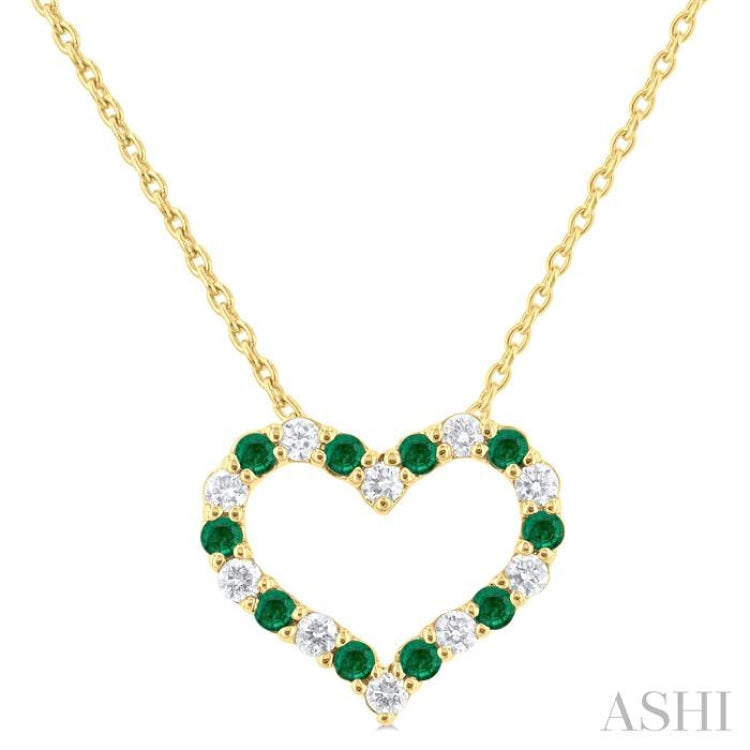 1.4 MM Round Cut Emerald and 1/8 Ctw Open Heart Round Cut Diamond Precious Fashion Pendant With Chain in 14K Yellow Gold 1.4 MM Round Cut Emerald and 1/8 Ctw Open Heart Round Cut Diamond Precious Fashion Pendant With Chain in 14K Yellow Gold