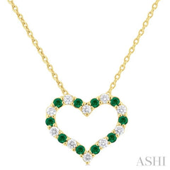 1.4 MM Round Cut Emerald and 1/8 Ctw Open Heart Round Cut Diamond Precious Fashion Pendant With Chain in 14K Yellow Gold 1.4 MM Round Cut Emerald and 1/8 Ctw Open Heart Round Cut Diamond Precious Fashion Pendant With Chain in 14K Yellow Gold