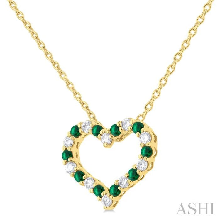 1.4 MM Round Cut Emerald and 1/8 Ctw Open Heart Round Cut Diamond Precious Fashion Pendant With Chain in 14K Yellow Gold 1.4 MM Round Cut Emerald and 1/8 Ctw Open Heart Round Cut Diamond Precious Fashion Pendant With Chain in 14K Yellow Gold