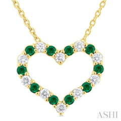 1.4 MM Round Cut Emerald and 1/8 Ctw Open Heart Round Cut Diamond Precious Fashion Pendant With Chain in 14K Yellow Gold 1.4 MM Round Cut Emerald and 1/8 Ctw Open Heart Round Cut Diamond Precious Fashion Pendant With Chain in 14K Yellow Gold