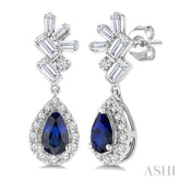 5X3MM Pear Cut Sapphire, Round and 1/3 Ctw Baguette Cut Scatter Diamond Precious Fashion earrings in 10K White Gold