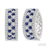 1 Ctw Fretwork 2MM Round Cut Sapphire and Round Cut Diamond Precious Hoop Earring in 14K White Gold