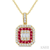 1/4 Ctw Octagonal Shape 1.45MM Ruby, Baguette and Round Cut Diamond Precious Fusion Pendant With Chain in 14K Yellow Gold