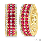 3/4 Ctw 2.00MM Round Cut Ruby and Round Cut Diamond Precious Hoop Earring in 14K Yellow Gold