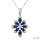 1/6 Ctw Floral Motif 5X3MM & 4X3MM Pear Cut Sapphire and Round Cut Diamond Precious Pendant With Chain in 10K White Gold