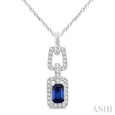 1/6 Ctw 5X3MM Octagon Shape Sapphire and Round Cut Diamond Halo Precious Link Pendant With Chain in 14K White Gold