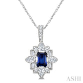 5/8 Ctw Art Deco 6X4MM Octagon Shape Sapphire and Mixed Cut Diamond Precious Pendant With Chain in 14K White Gold