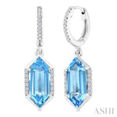 12X5 MM Hexagon Shape Blue Topaz and 1/5 Ctw Round Cut Diamond Semi-Precious Earrings in 10K White Gold