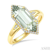 16X6 MM Hexagon Shape Green Amethyst and 1/5 Ctw Round Cut Diamond Semi-Precious Ring in 10K Yellow Gold
