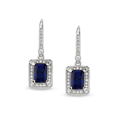 Platinum finish sterling silver micropave emerald cut synthetic blue sapphire earrings with simulated diamonds Platinum finish sterling silver micropave emerald cut synthetic blue sapphire earrings with simulated diamonds